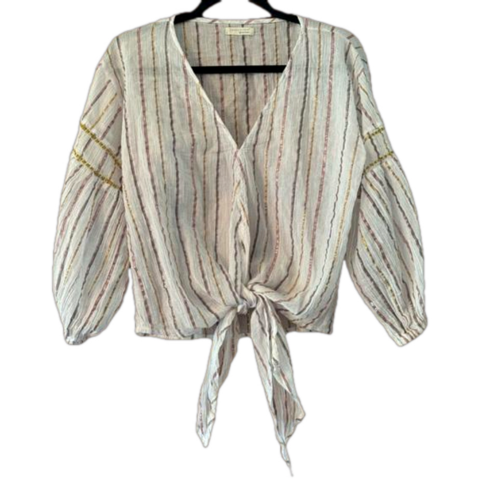 Lovestitch Tie Front Metallic Stripe Blouse- Small